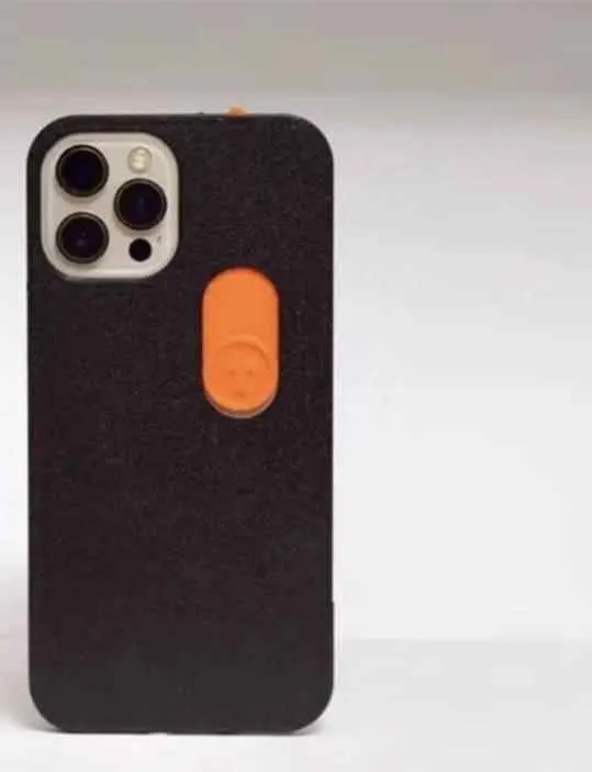 Bright yellow 3D printed sliding middle finger phone case for iPhone 14 Pro Max with spoof mechanism visible