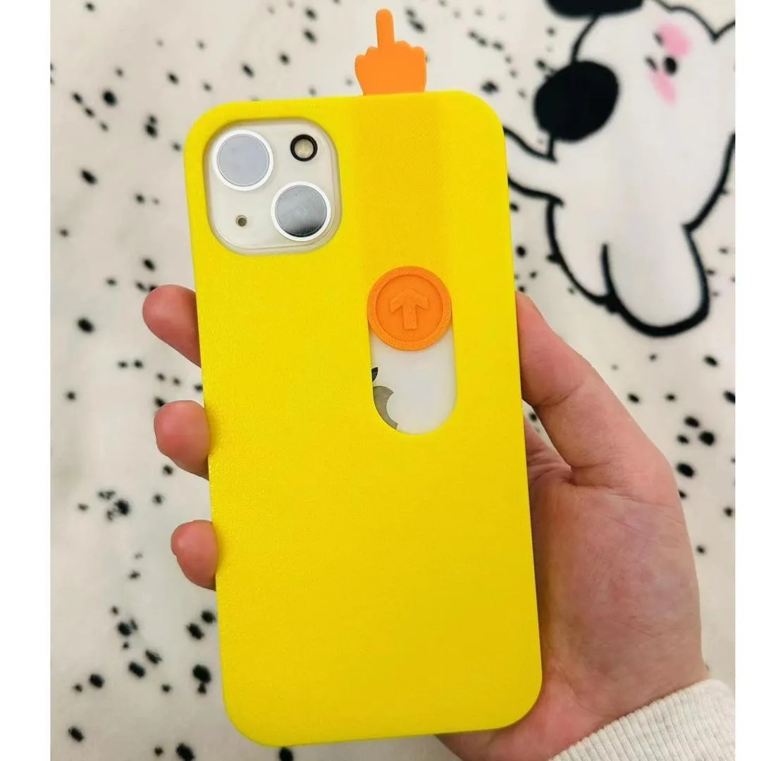 Bright yellow 3D printed sliding middle finger phone case for iPhone 14 Pro Max with spoof mechanism visible