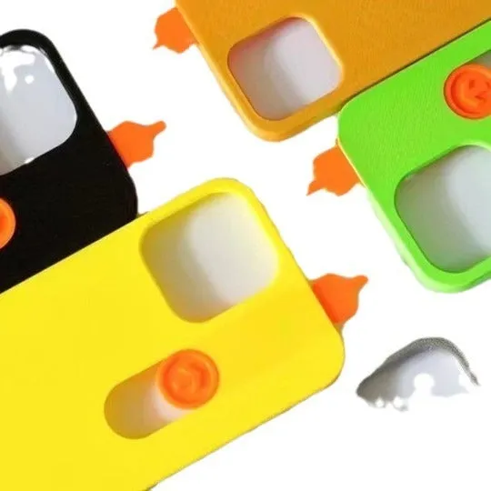 Bright yellow 3D printed sliding middle finger phone case for iPhone 14 Pro Max with spoof mechanism visible