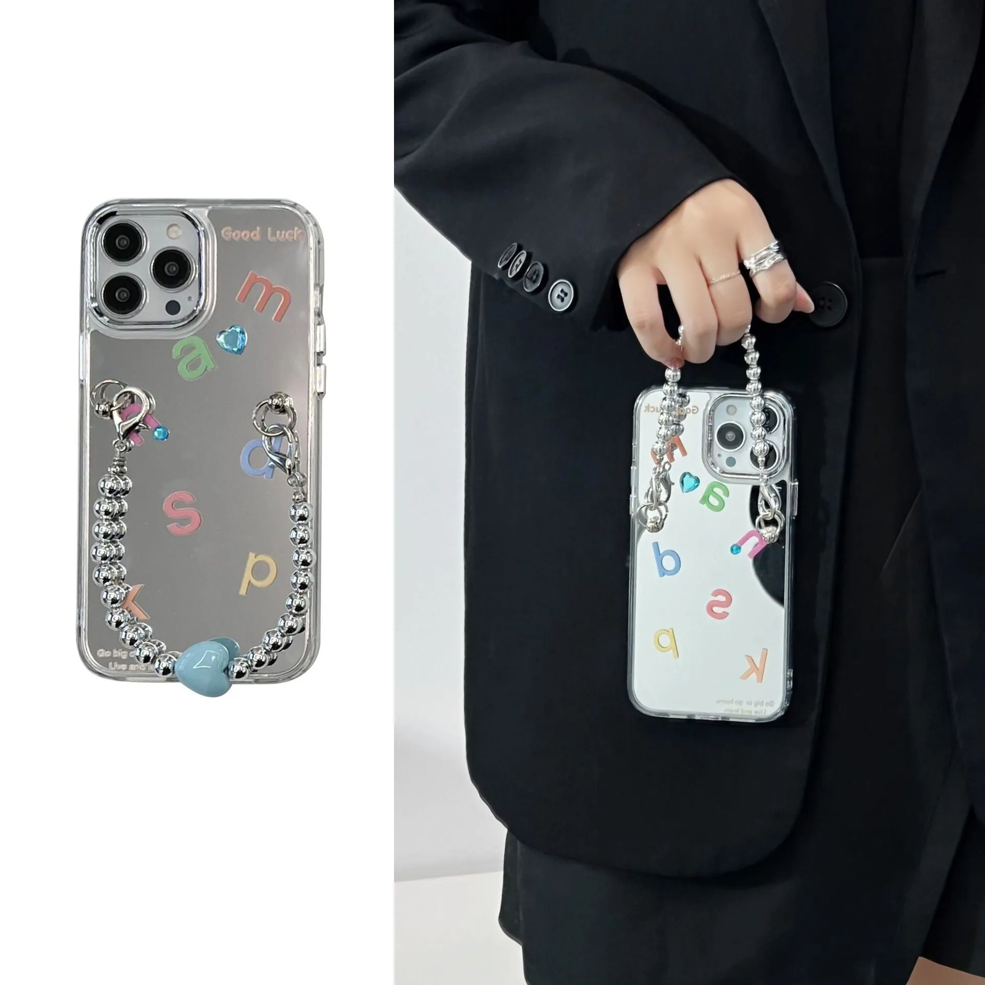 Silver Gray TPU mirror phone case with English alphabet letters and random rhinestones paster for iPhone