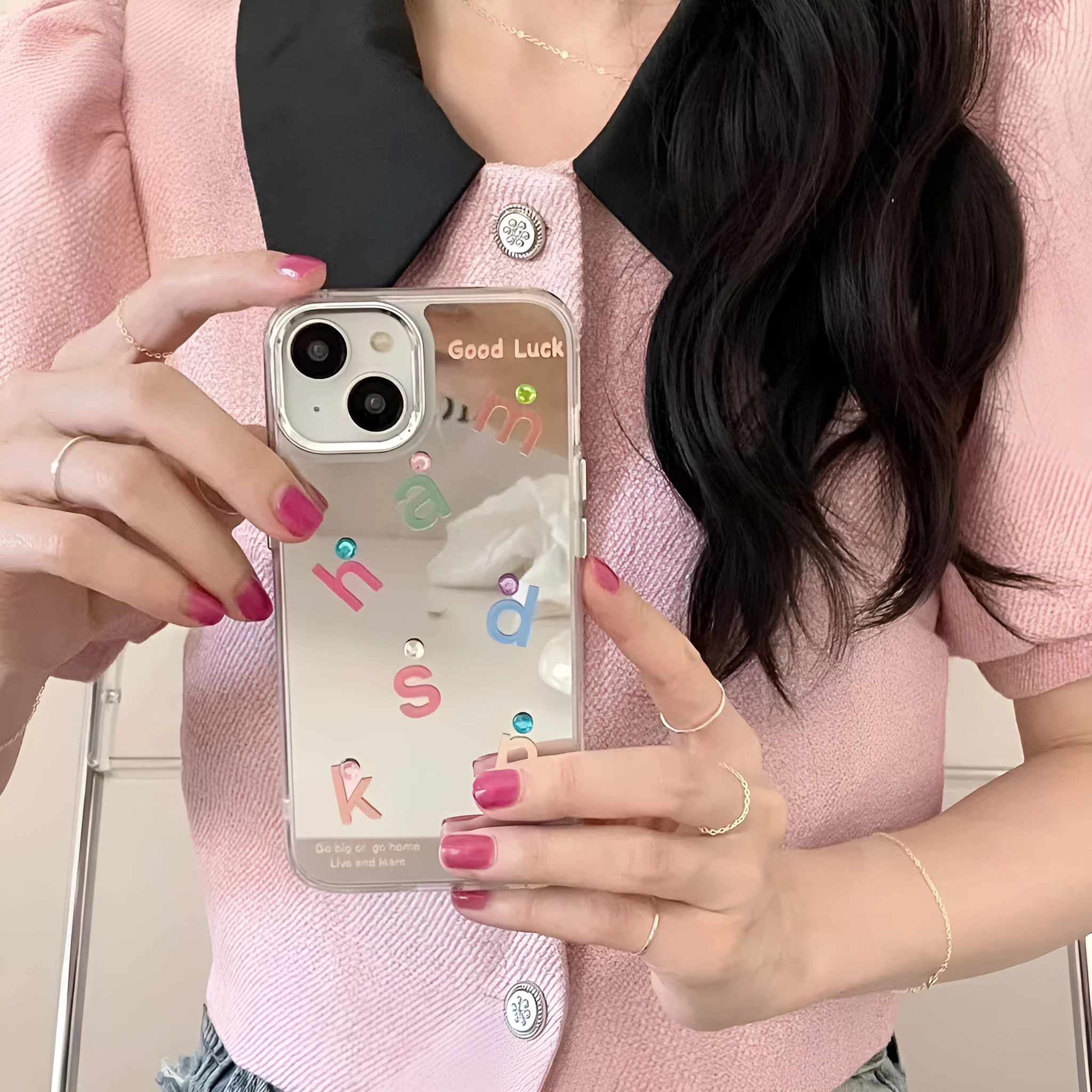 Silver Gray TPU mirror phone case with English alphabet letters and random rhinestones paster for iPhone