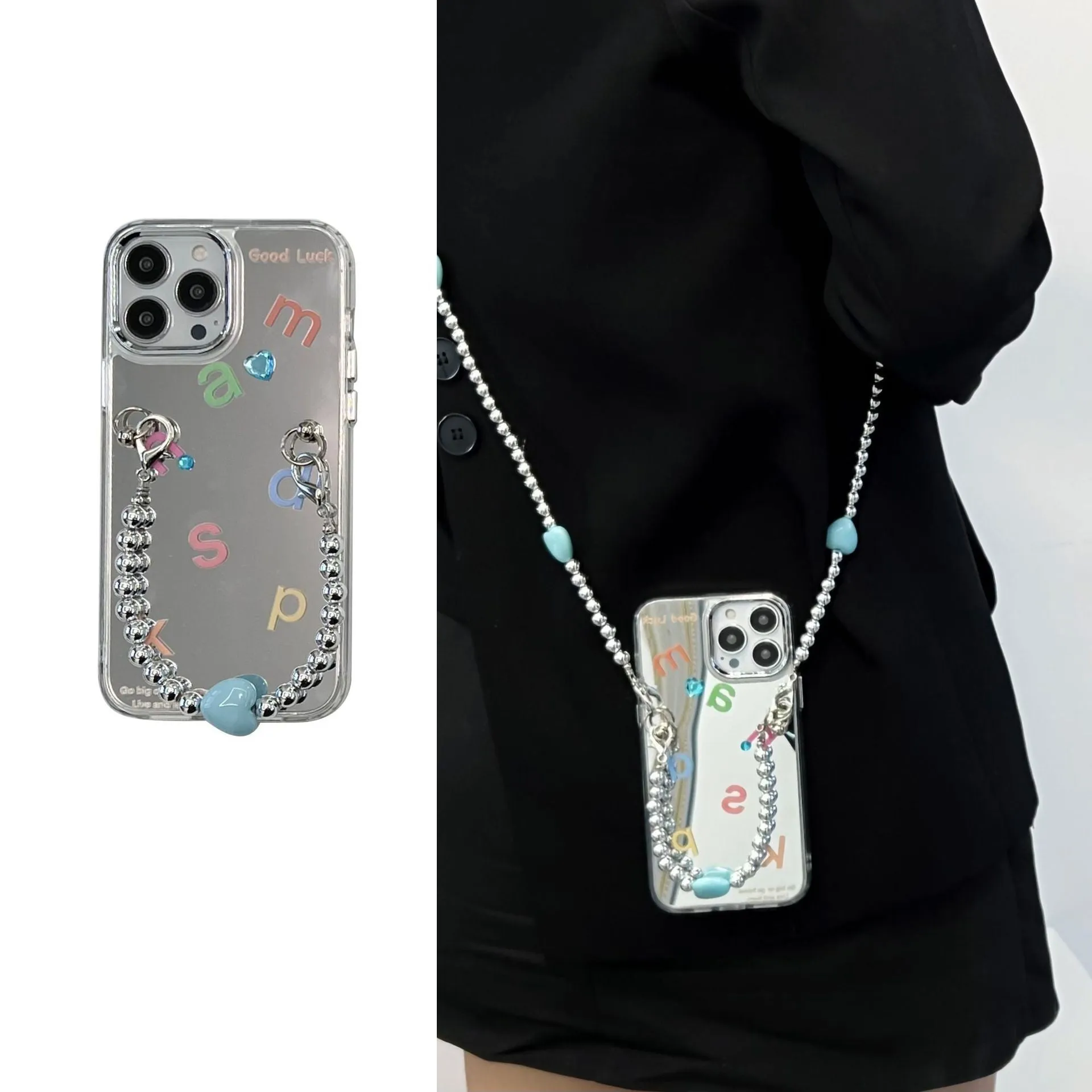 Silver Gray TPU mirror phone case with English alphabet letters and random rhinestones paster for iPhone