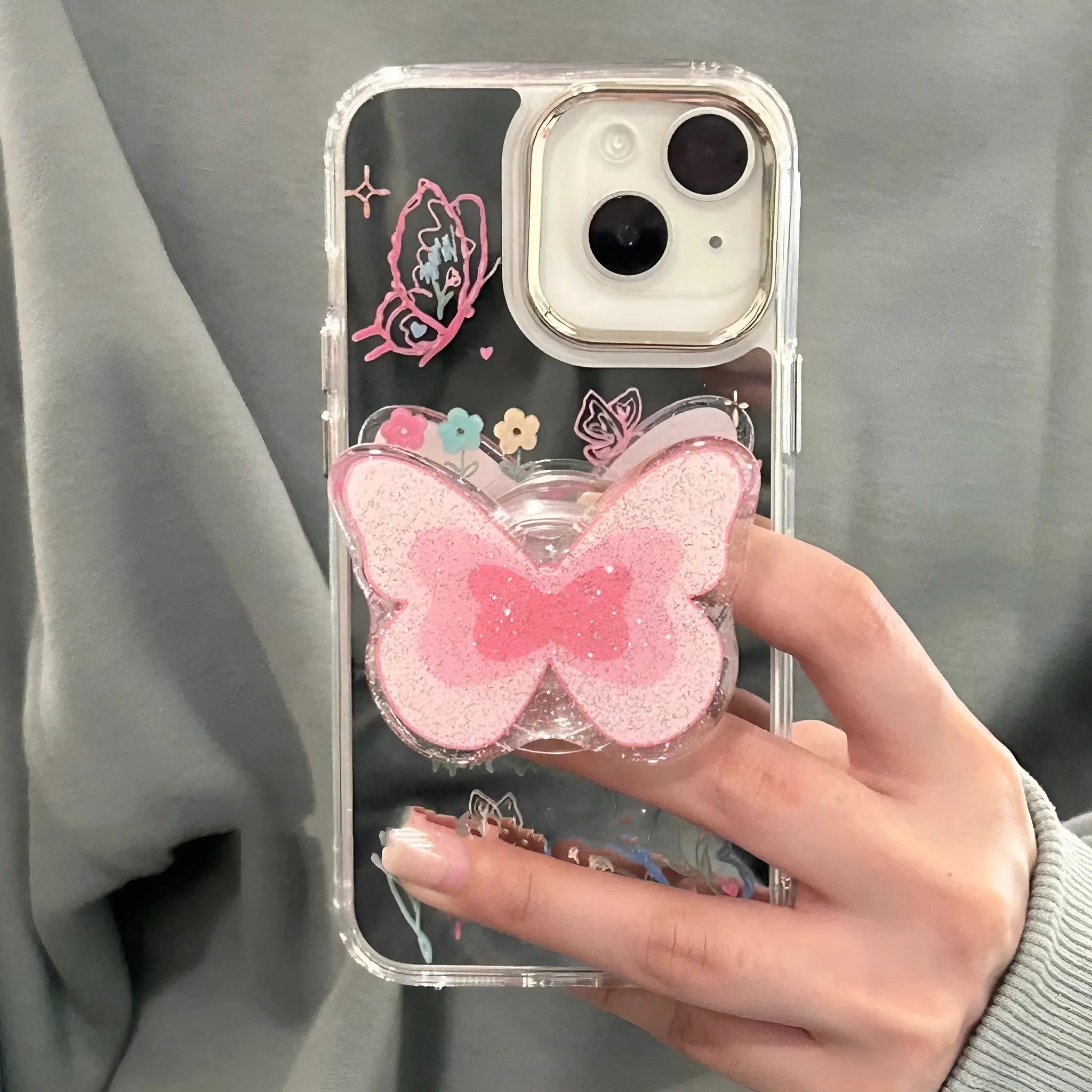 Silicone phone case with graffiti butterfly design and folding bracket for iPhone 12 Pro Max
