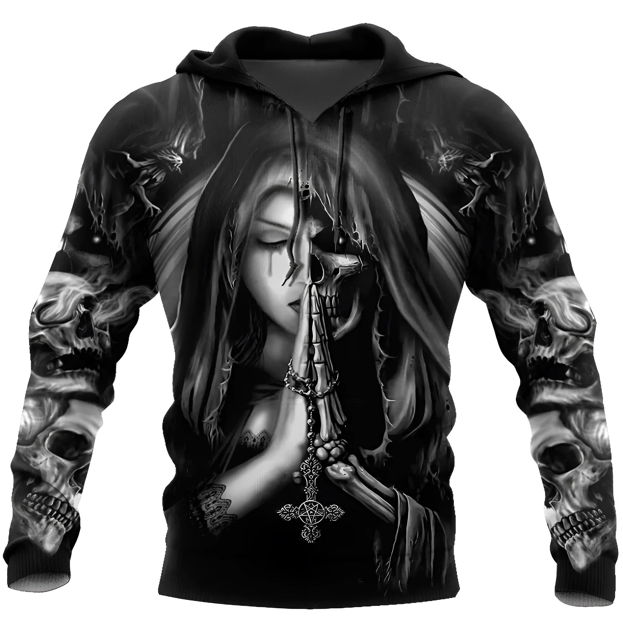 Black hooded sweatshirt featuring a large white 3D printed anime-style skull graphic on the front.