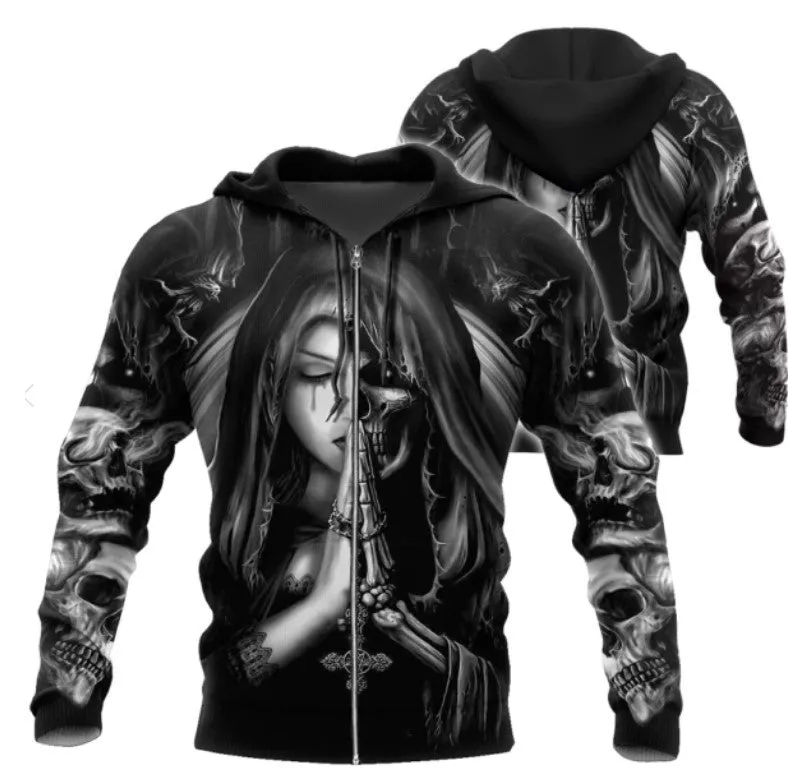 Black hooded sweatshirt featuring a large white 3D printed anime-style skull graphic on the front.