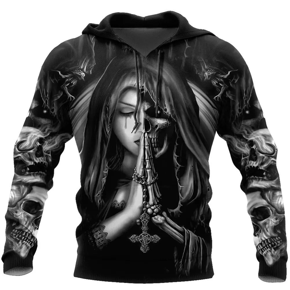 Black hooded sweatshirt featuring a large white 3D printed anime-style skull graphic on the front.