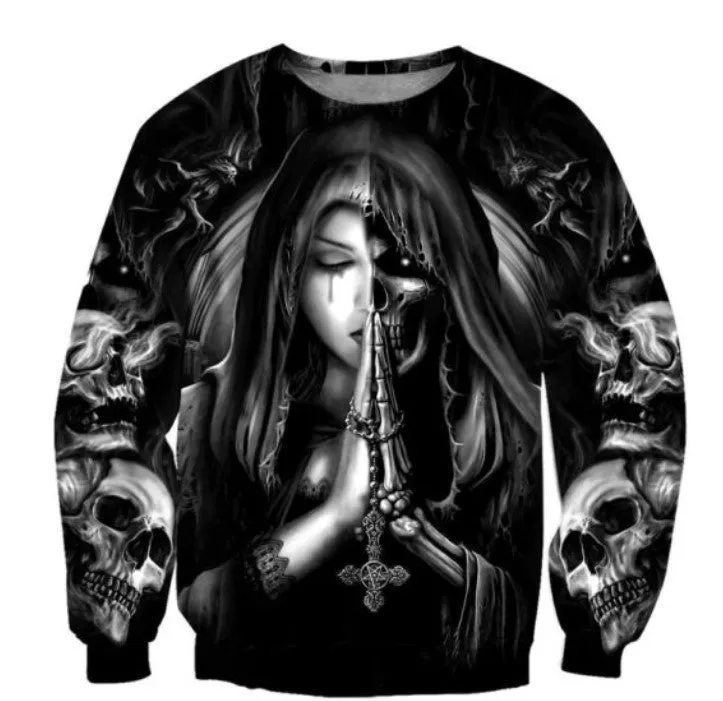 Black hooded sweatshirt featuring a large white 3D printed anime-style skull graphic on the front.