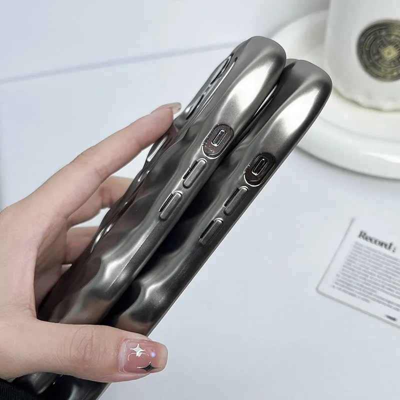 Matte titanium gray TPU phone case with three-dimensional hollow wave pattern and electroplating finish