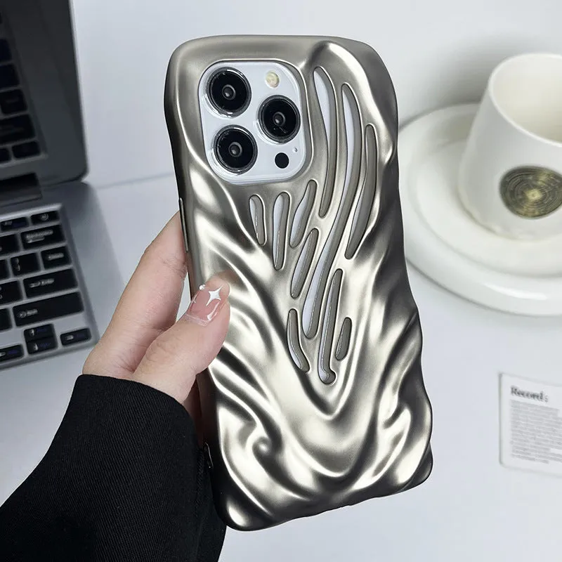 Matte titanium gray TPU phone case with three-dimensional hollow wave pattern and electroplating finish