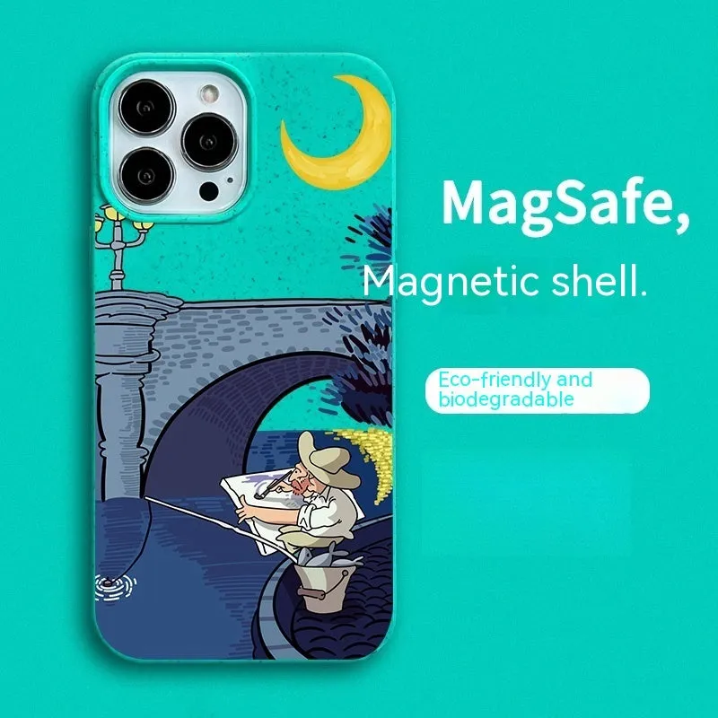 Magnetic phone case with retro oil painting design in green for iPhone 14 Pro Max