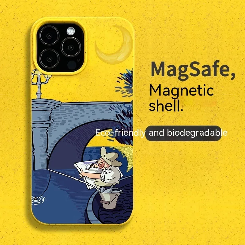Magnetic phone case with retro oil painting design in green for iPhone 14 Pro Max