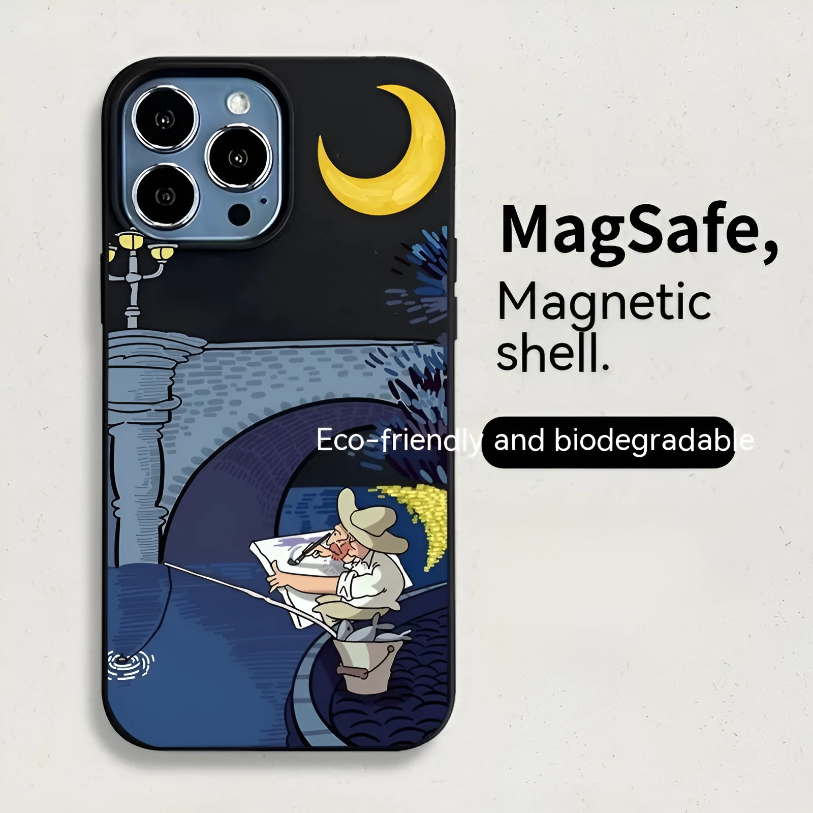 Magnetic phone case with retro oil painting design in green for iPhone 14 Pro Max