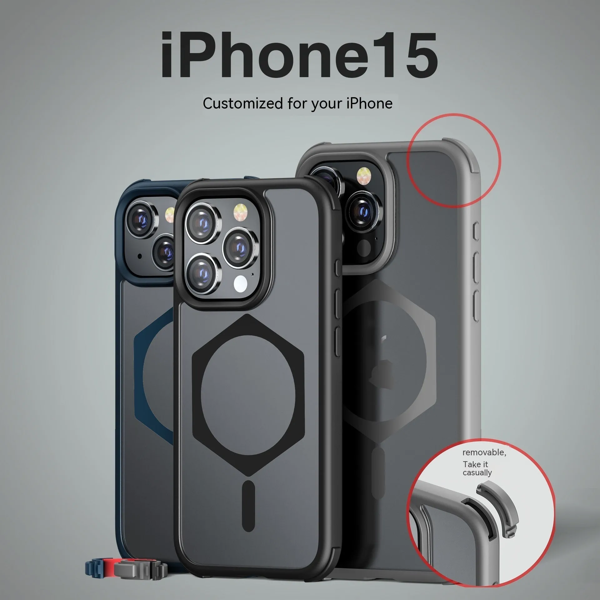 Matte frosted silicone magnetic phone case for Apple iPhone 15 series in black with five-pointed star ring design