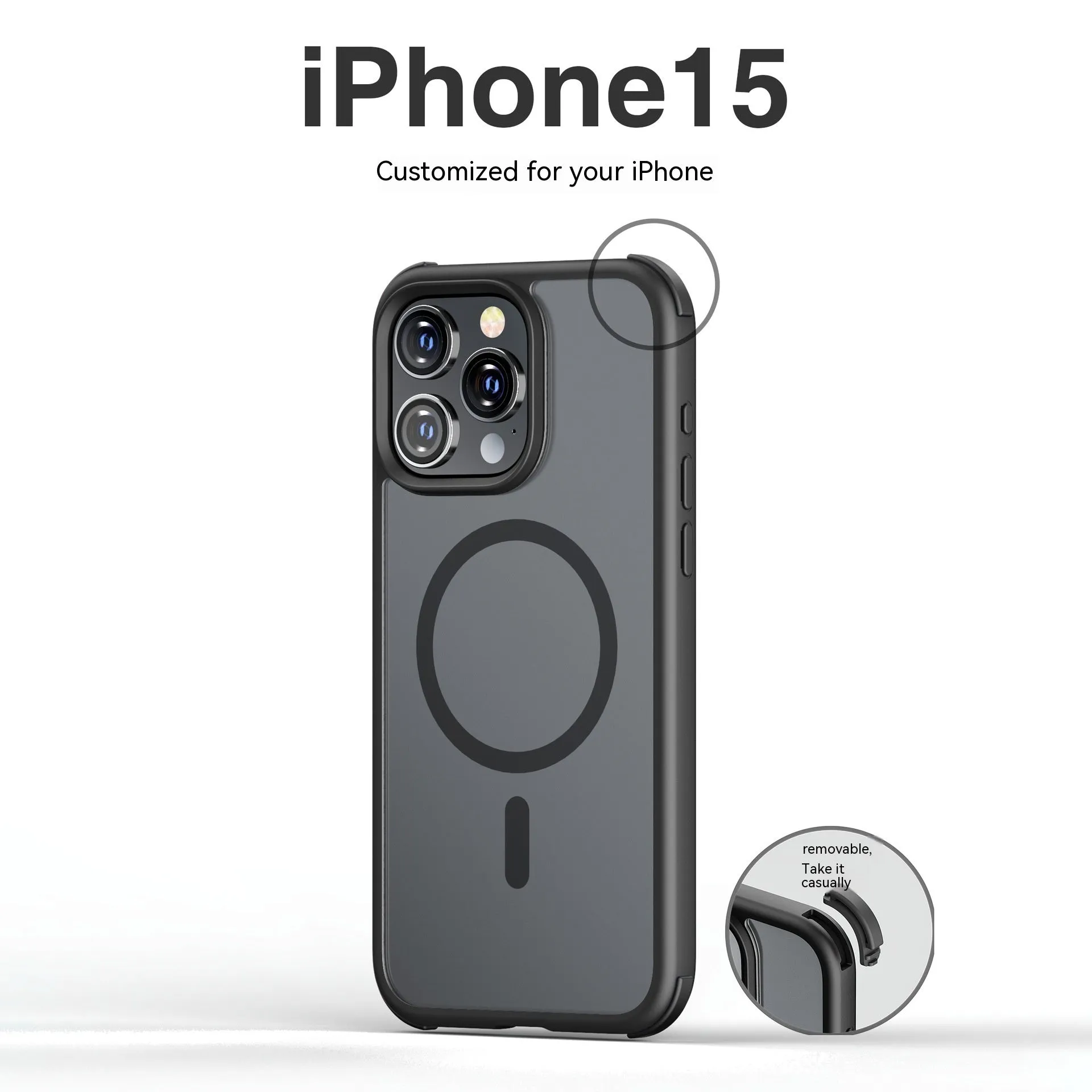 Matte frosted silicone magnetic phone case for Apple iPhone 15 series in black with five-pointed star ring design