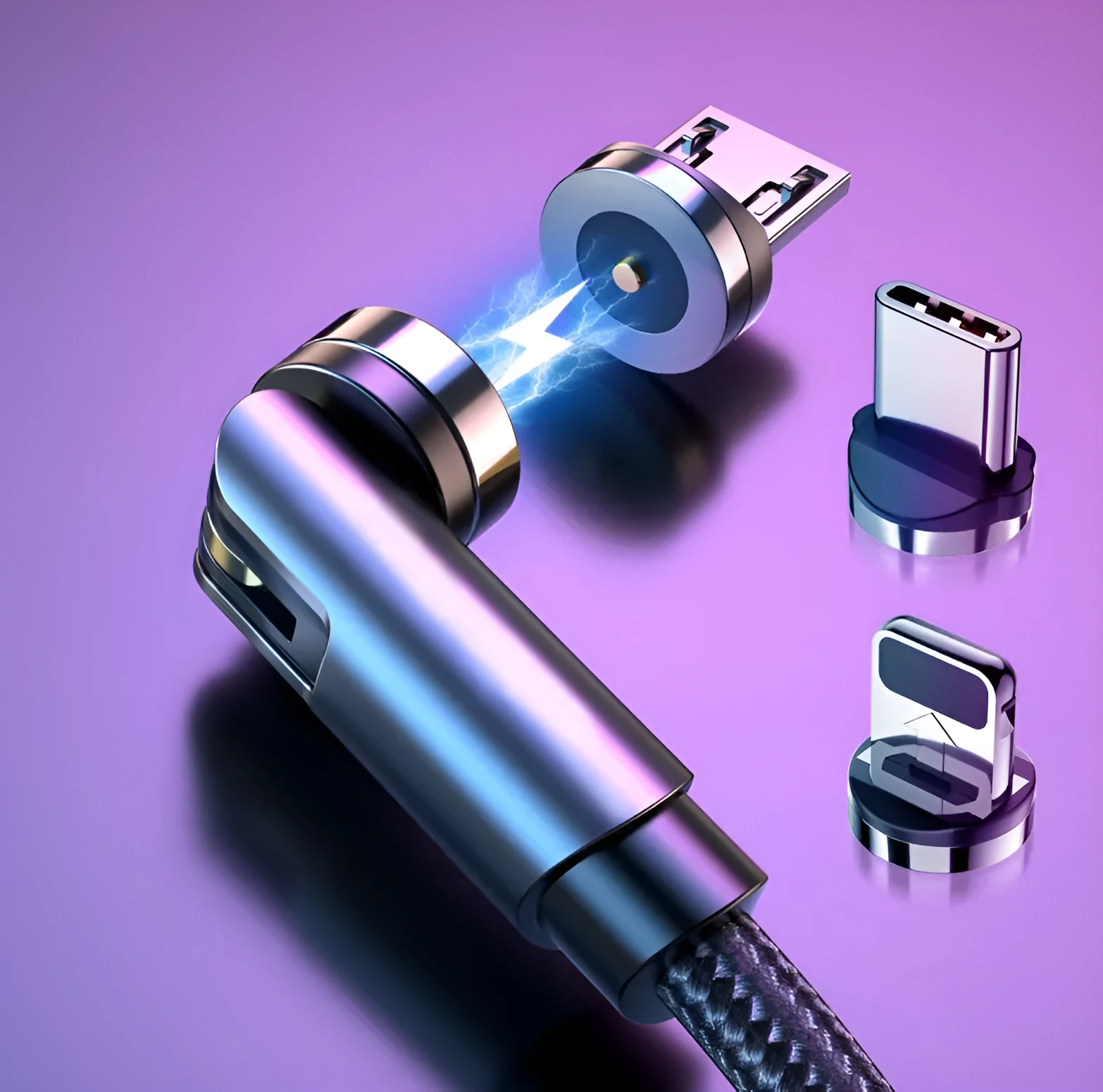 Essager black magnetic charging cable with blue LED light, showing 360-degree rotating connector.