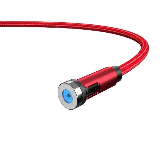 Essager black magnetic charging cable with blue LED light, showing 360-degree rotating connector.