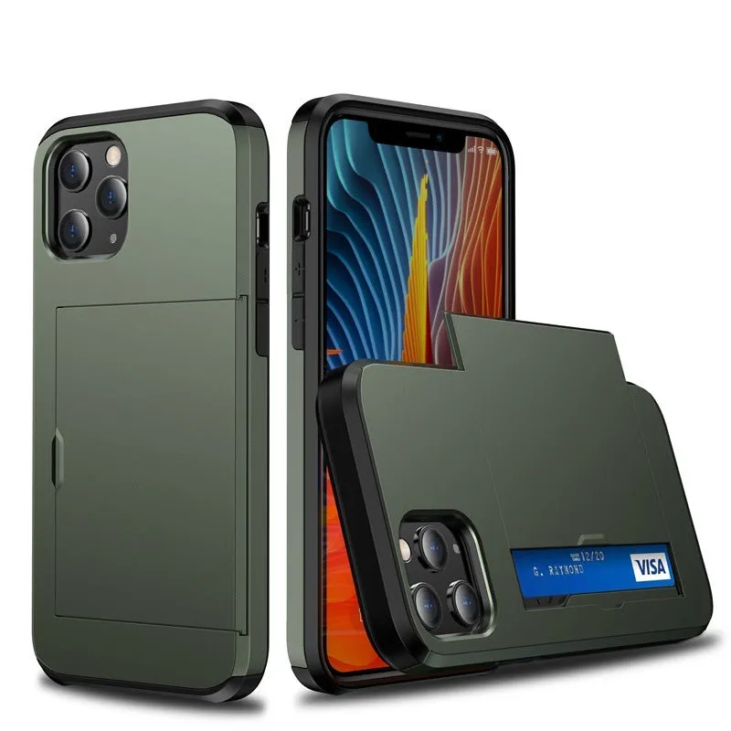 Sliding cover wallet phone case for iPhone in matte finish, showing card slot and raised screen protection.