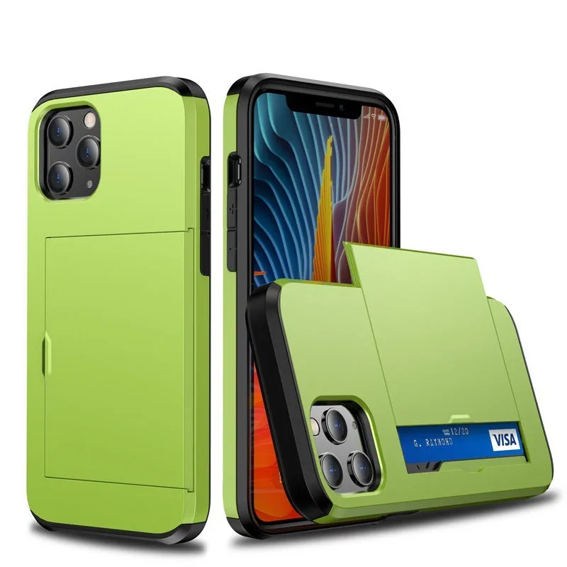 Sliding cover wallet phone case for iPhone in matte finish, showing card slot and raised screen protection.