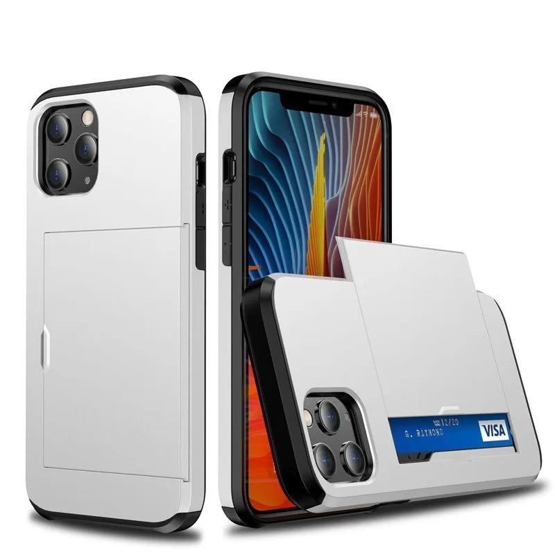 Sliding cover wallet phone case for iPhone in matte finish, showing card slot and raised screen protection.