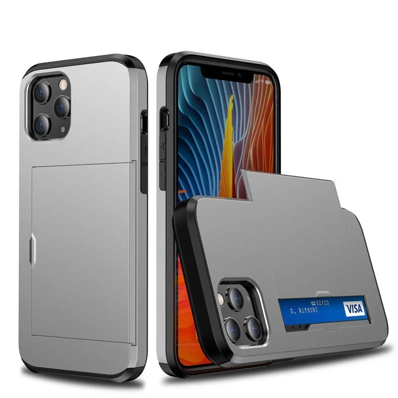 Sliding cover wallet phone case for iPhone in matte finish, showing card slot and raised screen protection.