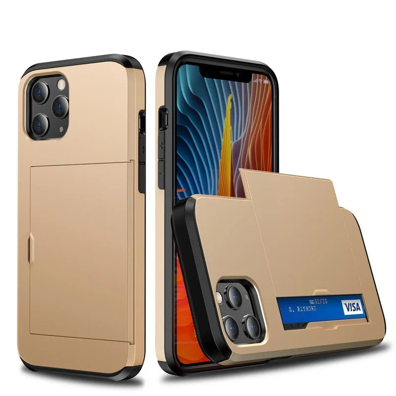 Sliding cover wallet phone case for iPhone in matte finish, showing card slot and raised screen protection.