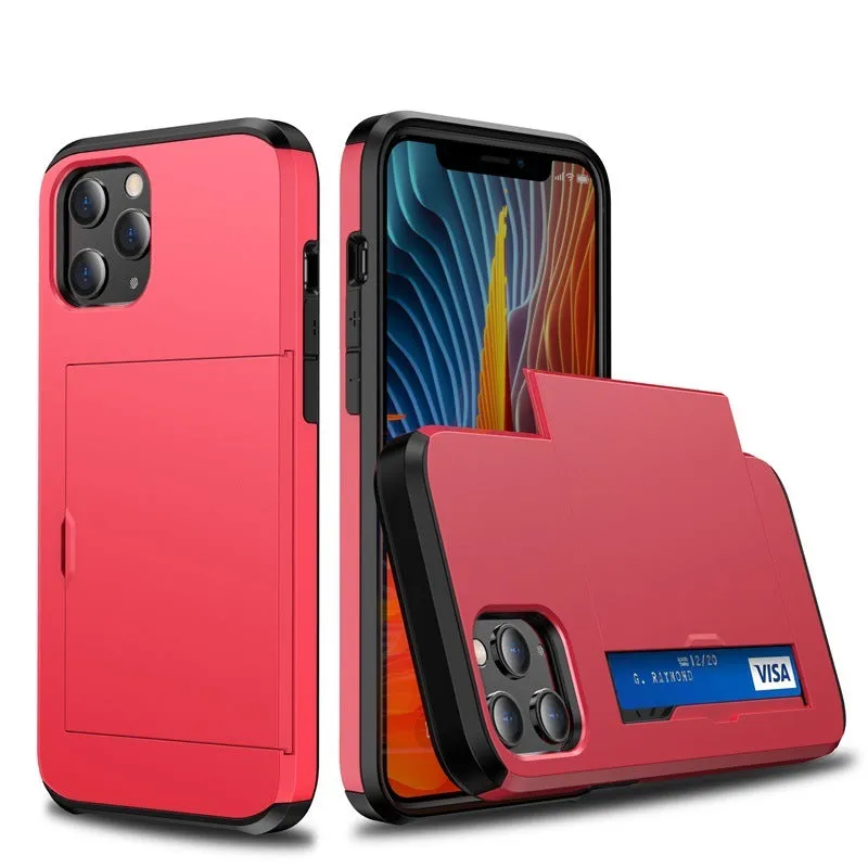 Sliding cover wallet phone case for iPhone in matte finish, showing card slot and raised screen protection.