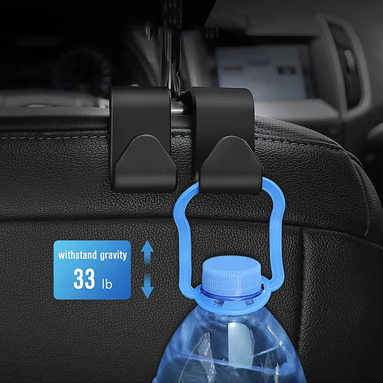Car seat back hook with mobile phone holder, plastic, in black colour, attached to headrest post