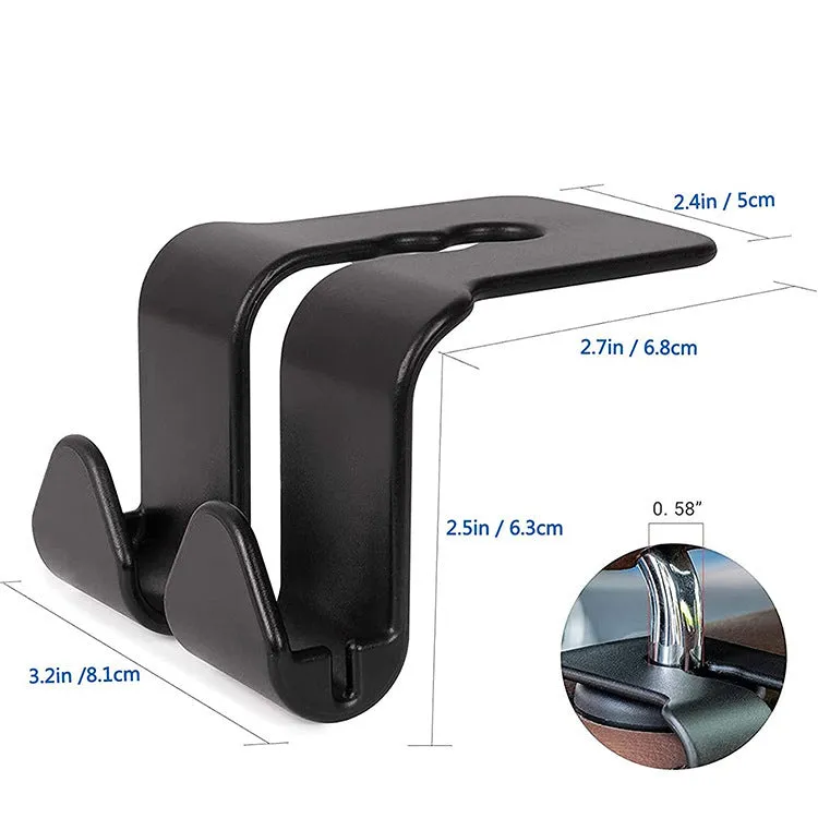 Car seat back hook with mobile phone holder, plastic, in black colour, attached to headrest post