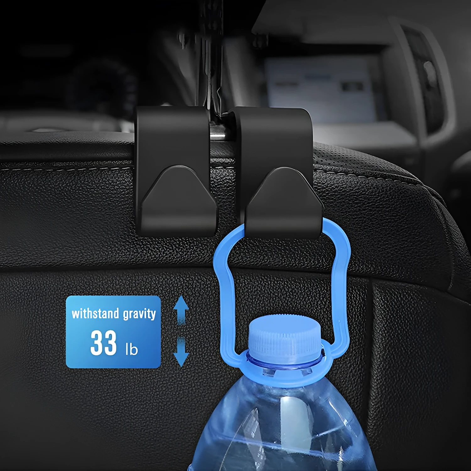 Car seat back hook with mobile phone holder, plastic, in black colour, attached to headrest post