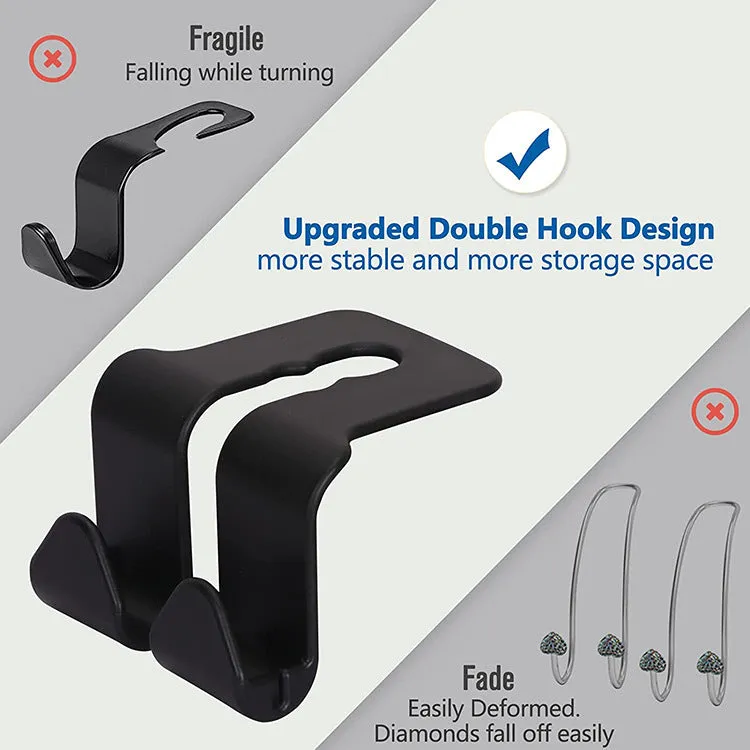 Car seat back hook with mobile phone holder, plastic, in black colour, attached to headrest post