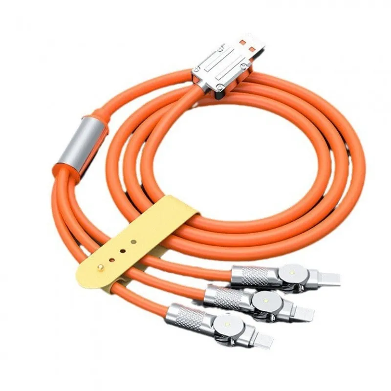 Zinc alloy rotating three-in-one data cable with light and elbow USB design, orange colour, on a white background