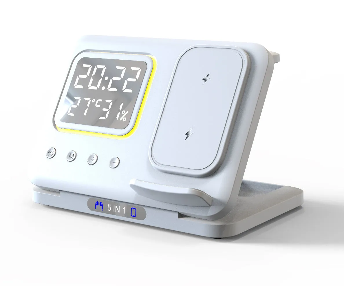 Black 5-in-1 wireless charging station displaying time and temperature, charging a phone and a smartwatch.
