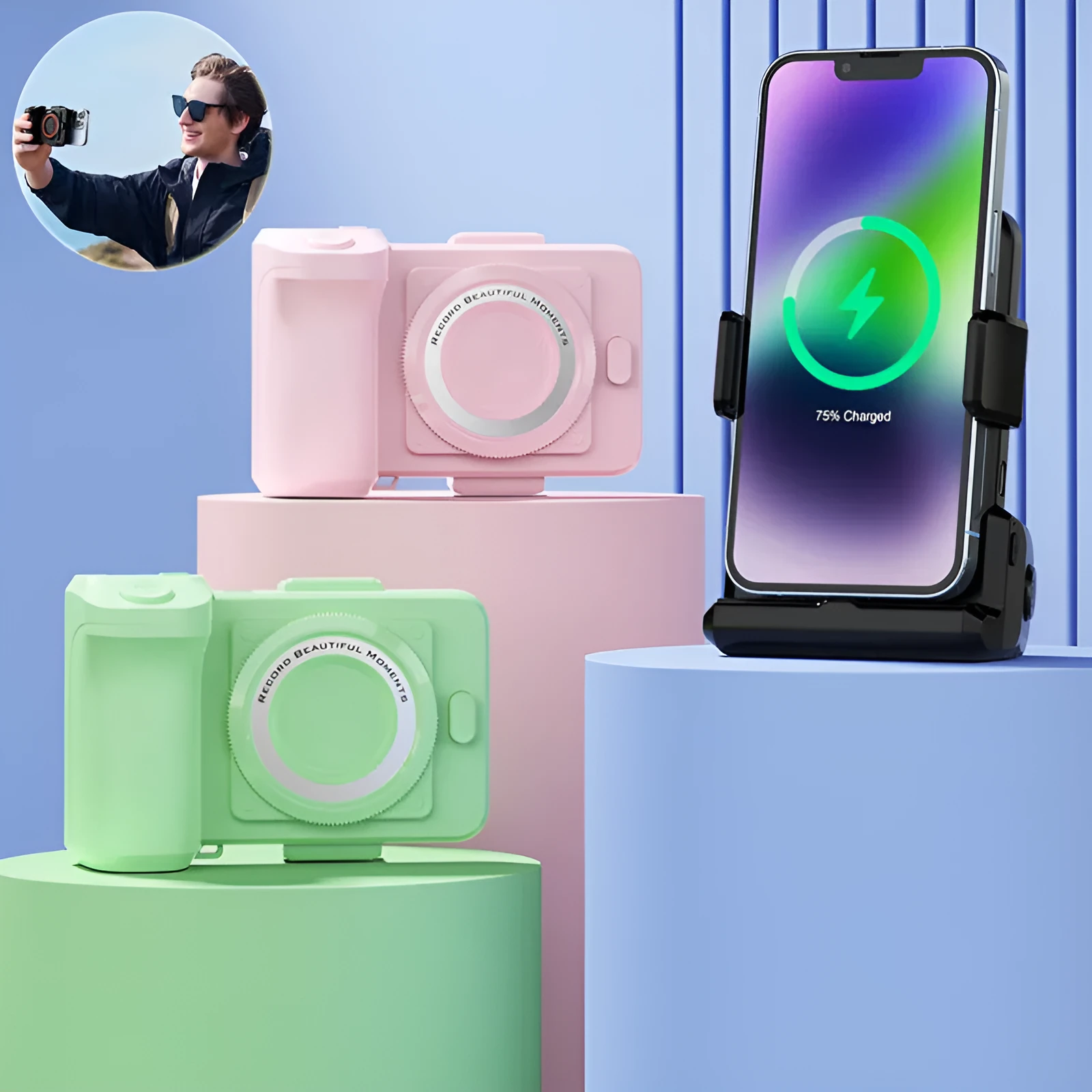 Plastic wireless charging magnetic phone holder in pink with USB cable on desk