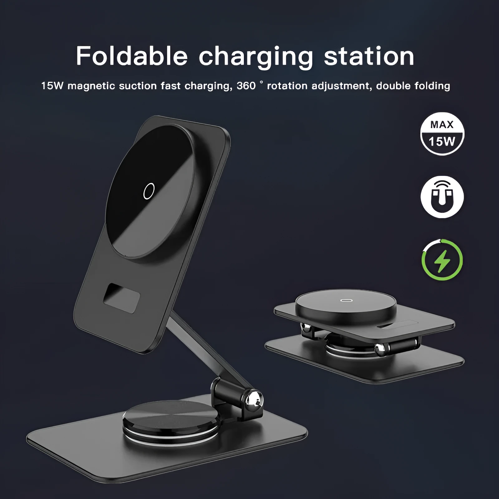 Black 15W digital magnetic wireless charger for Apple with Type-C input on a desk
