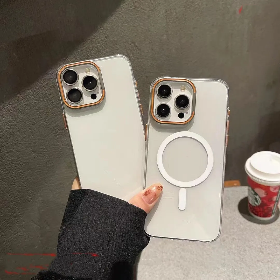 Transparent magnetic bracket phone case for iPhone 14 and 15 series with aluminium alloy frame