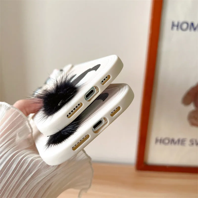Furry panda silicone phone case with hand-woven texture, compatible with iPhone 14 Pro Max, front view