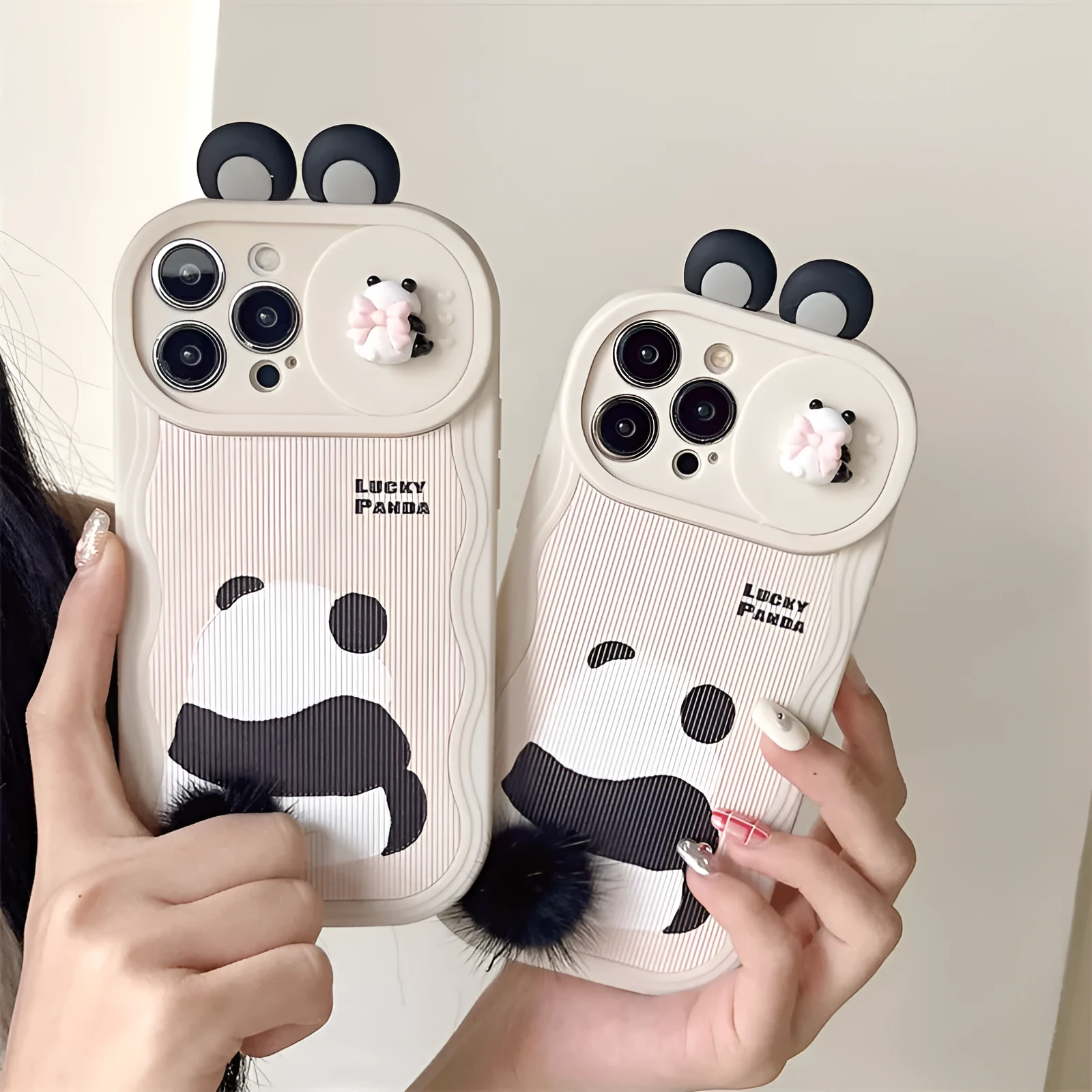 Furry panda silicone phone case with hand-woven texture, compatible with iPhone 14 Pro Max, front view