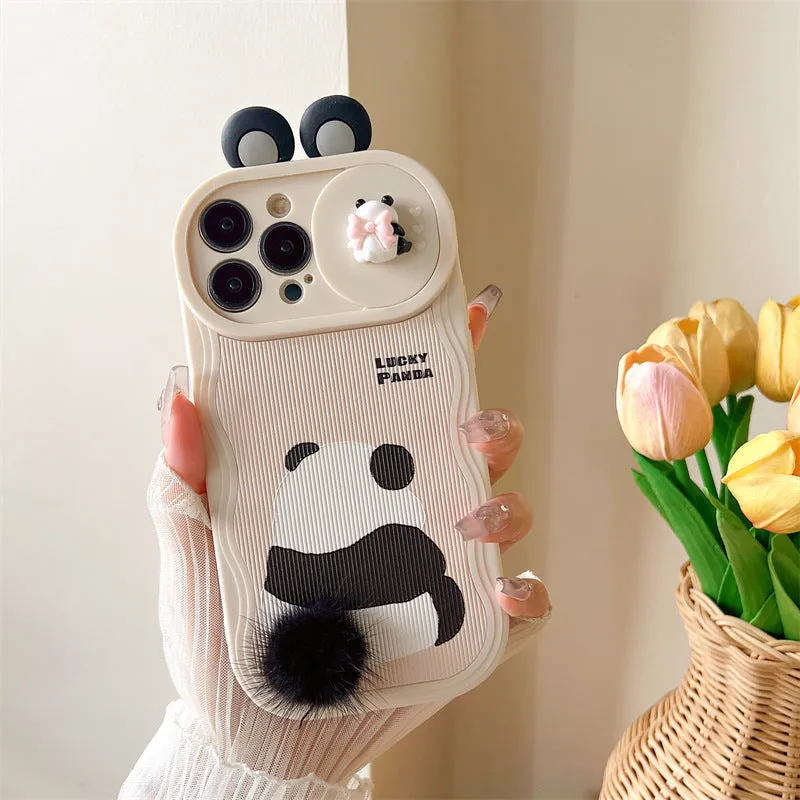 Furry panda silicone phone case with hand-woven texture, compatible with iPhone 14 Pro Max, front view
