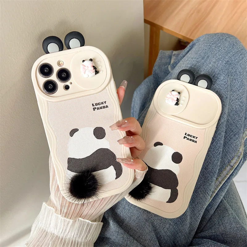 Furry panda silicone phone case with hand-woven texture, compatible with iPhone 14 Pro Max, front view