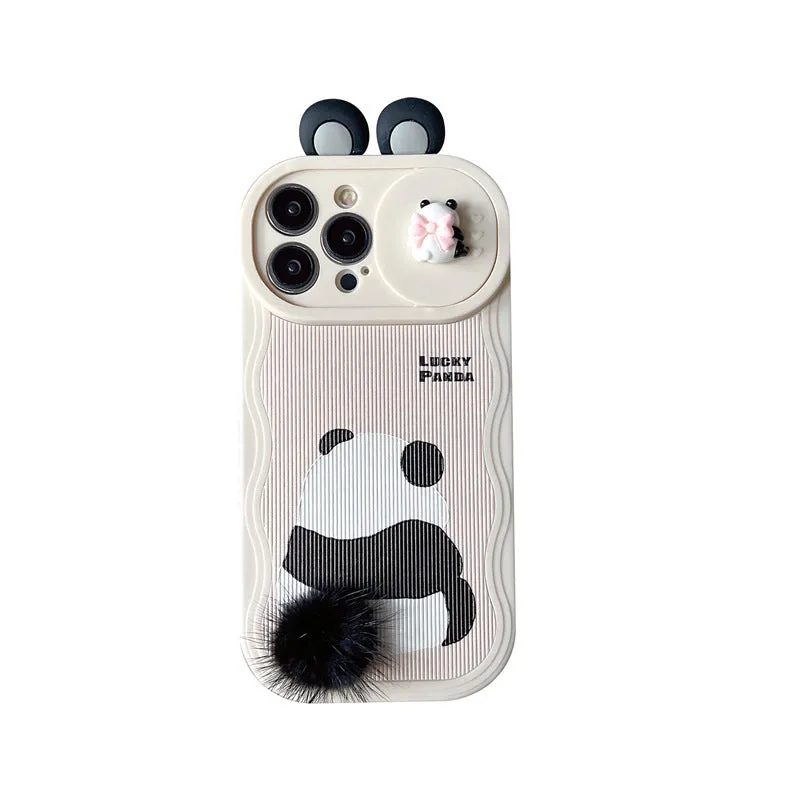 Furry panda silicone phone case with hand-woven texture, compatible with iPhone 14 Pro Max, front view
