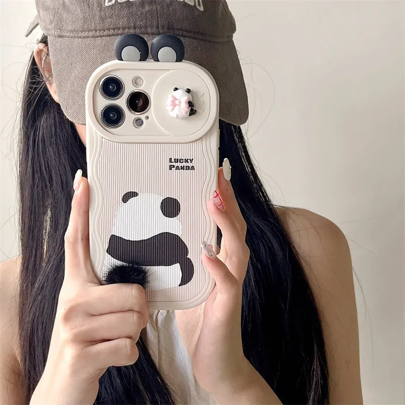 Furry panda silicone phone case with hand-woven texture, compatible with iPhone 14 Pro Max, front view