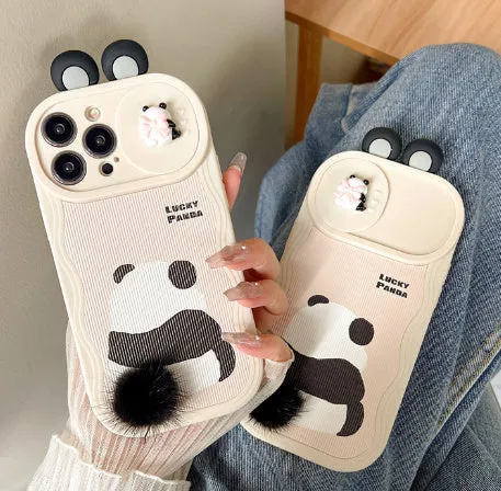 Furry panda silicone phone case with hand-woven texture, compatible with iPhone 14 Pro Max, front view