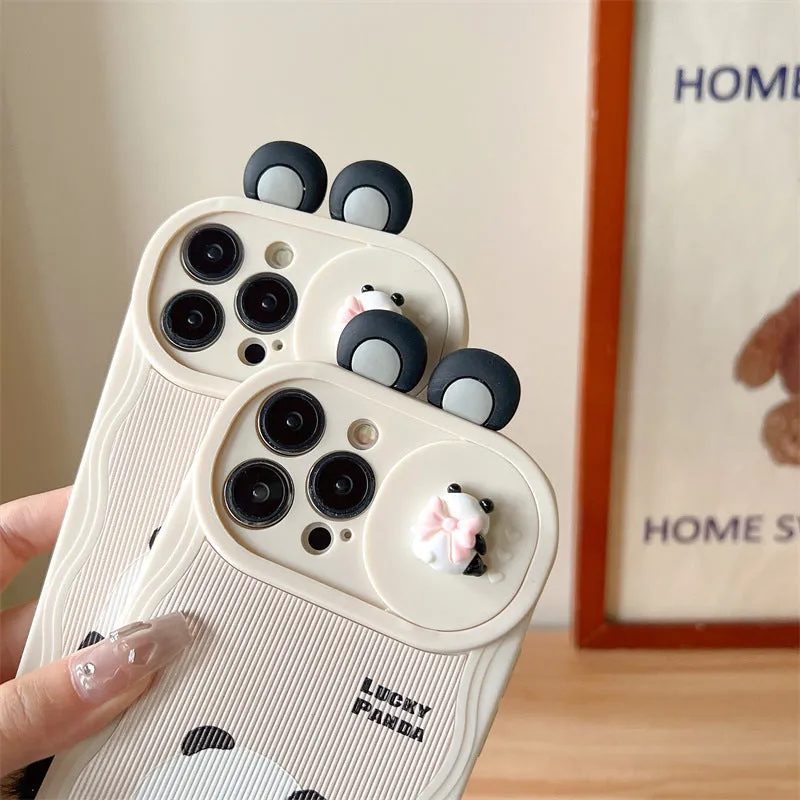 Furry panda silicone phone case with hand-woven texture, compatible with iPhone 14 Pro Max, front view