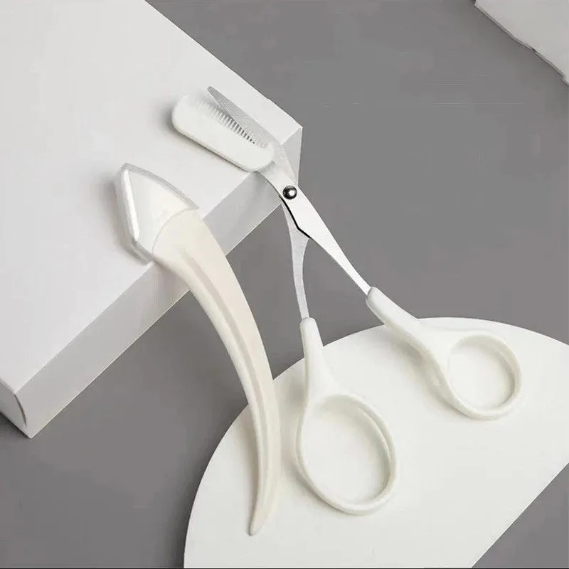 Curved moon-shaped eyebrow trimmer with a cutting comb on a white background.