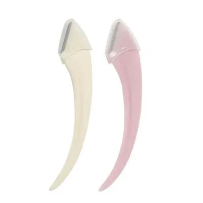 Curved moon-shaped eyebrow trimmer with a cutting comb on a white background.