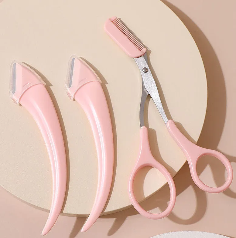 Curved moon-shaped eyebrow trimmer with a cutting comb on a white background.