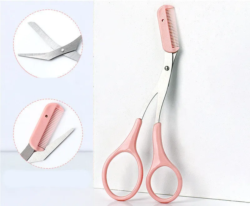 Curved moon-shaped eyebrow trimmer with a cutting comb on a white background.