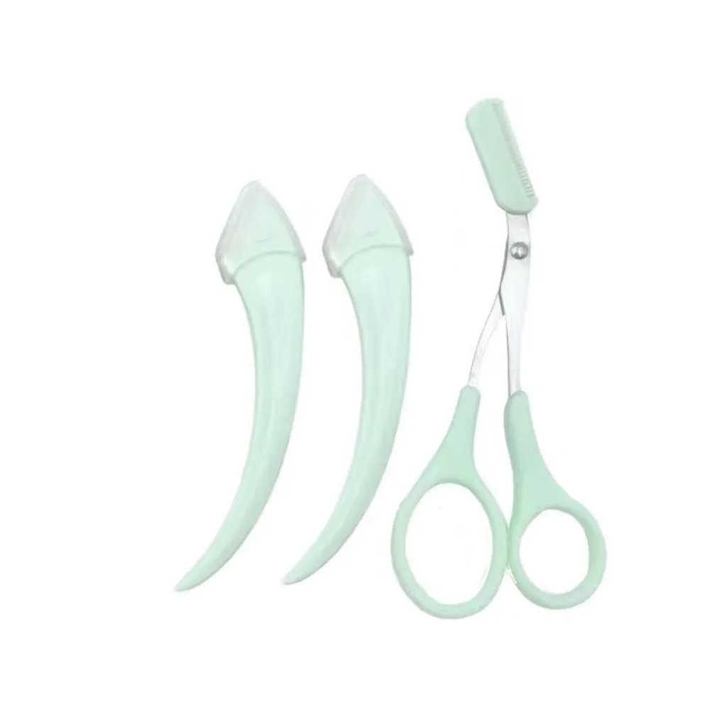 Curved moon-shaped eyebrow trimmer with a cutting comb on a white background.