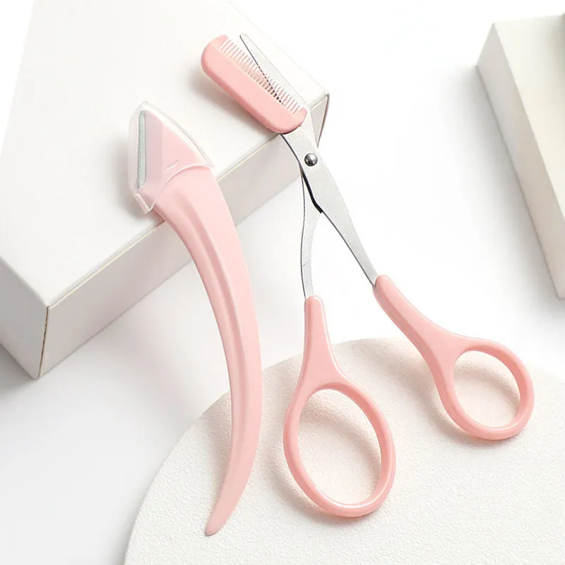 Curved moon-shaped eyebrow trimmer with a cutting comb on a white background.