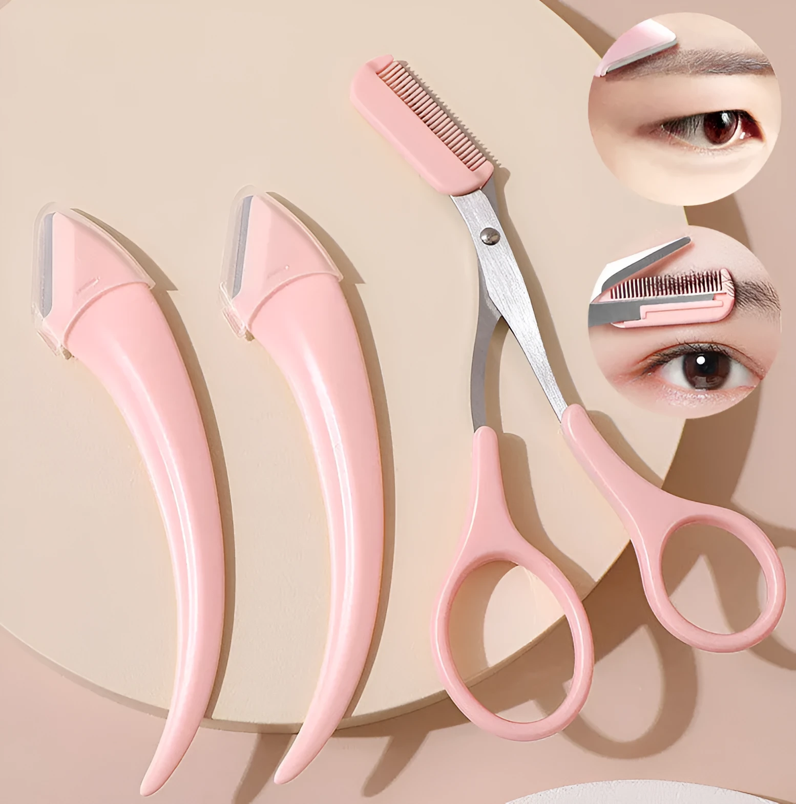 Curved moon-shaped eyebrow trimmer with a cutting comb on a white background.